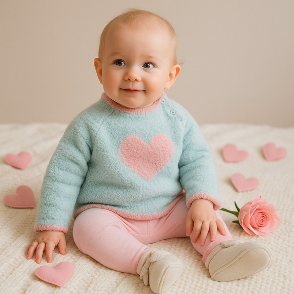 Hartstrings Vintage 1990s Light Blue Chenille Pink Heart Sweater | Baby Size 24M - Picture 1 of 9